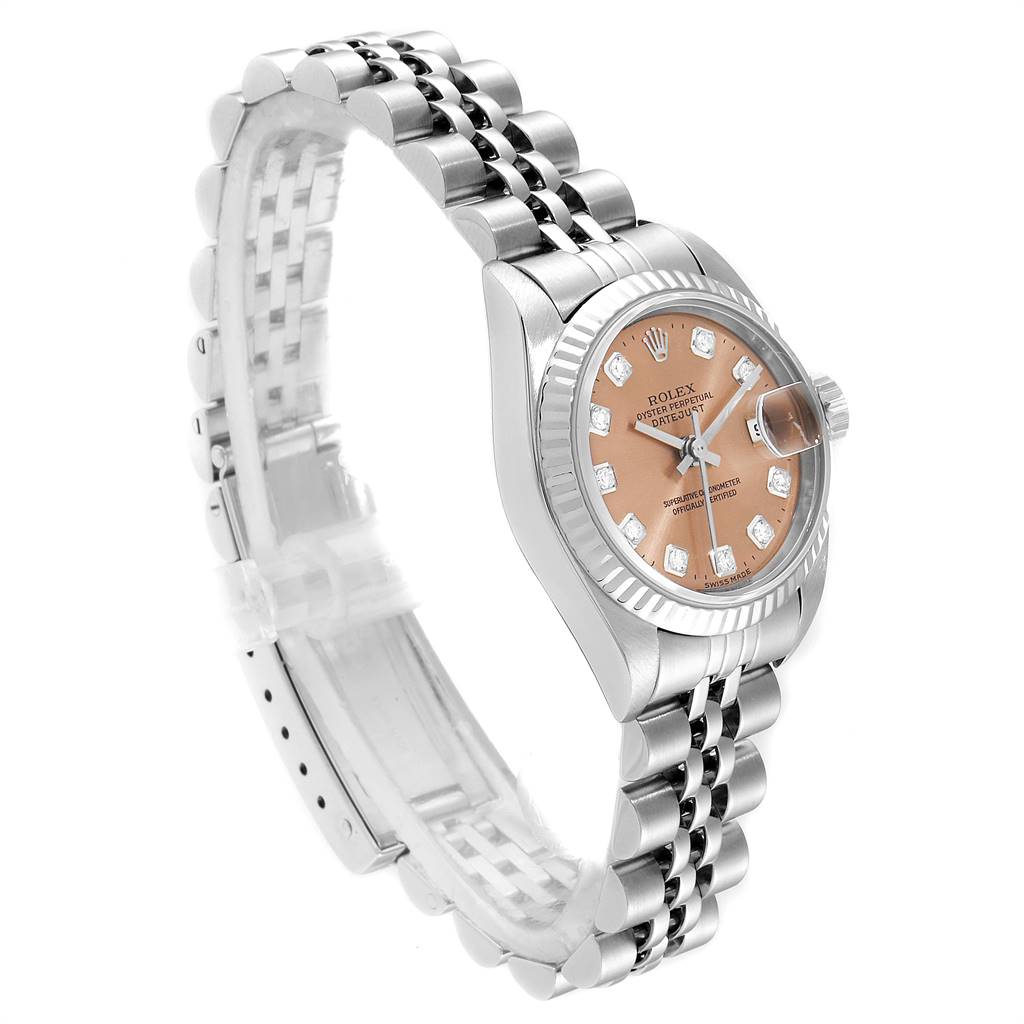 The image shows a Rolex Datejust 79174 Women's Stainless Steel Pink Dial 79174 Women's Stainless Steel Pink Dial watch from a front-left angle, highlighting its bezel, dial, and bracelet.