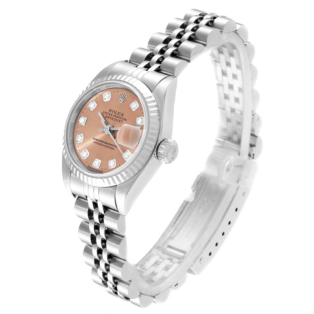 The image shows a Rolex Datejust 79174 Women's Stainless Steel Pink Dial 79174 Women's Stainless Steel Pink Dial model watch at a side angle, highlighting its face, bezel, crown, and bracelet.
