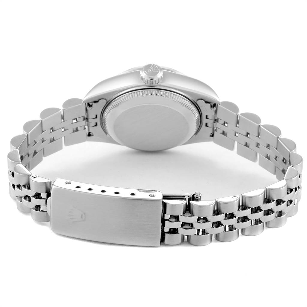 The image shows the back view of the Rolex Datejust 79174 Women's Stainless Steel Pink Dial 79174 Women's Stainless Steel Pink Dial watch, featuring its case back, crown, and Jubilee bracelet with clasp.