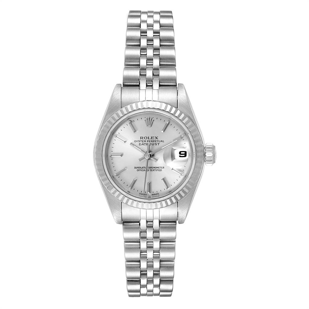 This is a Rolex Datejust 79174 Women
s Stainless Steel Silver Dial 79174 Women
s Stainless Steel Silver Dial watch shown from the front, displaying its silver dial, date window, and metallic bracelet.