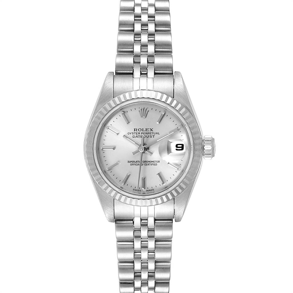This image shows a front view of a Rolex Datejust 79174 Women
s Stainless Steel Silver Dial 79174 Women
s Stainless Steel Silver Dial watch, highlighting the dial, bezel, crown, and bracelet.