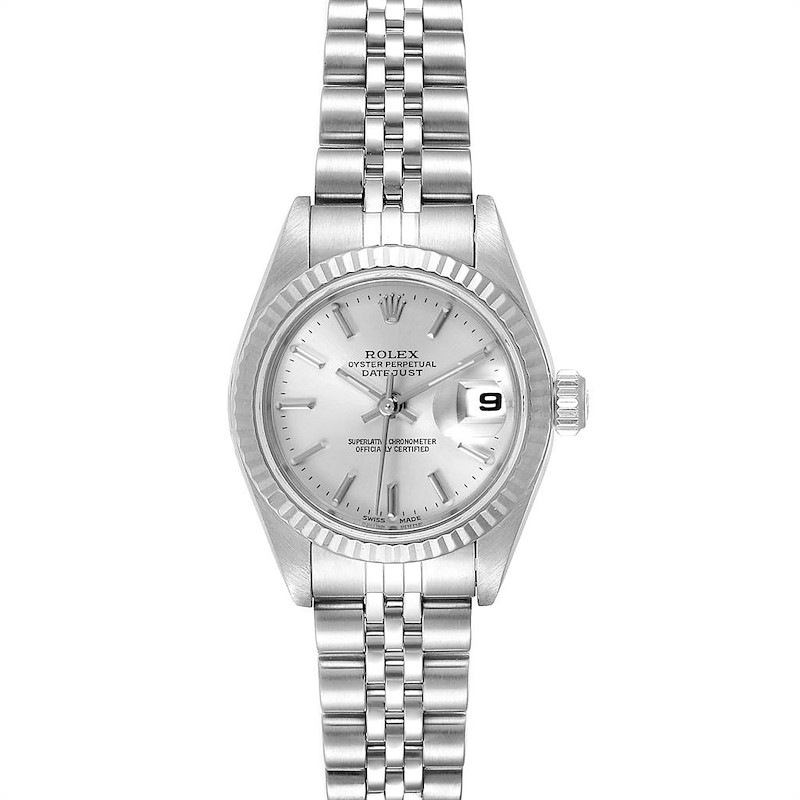 This image shows a front view of a Rolex Datejust watch, highlighting the dial, bezel, crown, and bracelet.