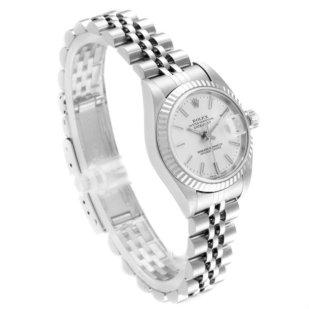 The image shows a Rolex Datejust 79174 Women
s Stainless Steel Silver Dial 79174 Women
s Stainless Steel Silver Dial watch from a three-quarter angle, highlighting the face, bezel, and bracelet.