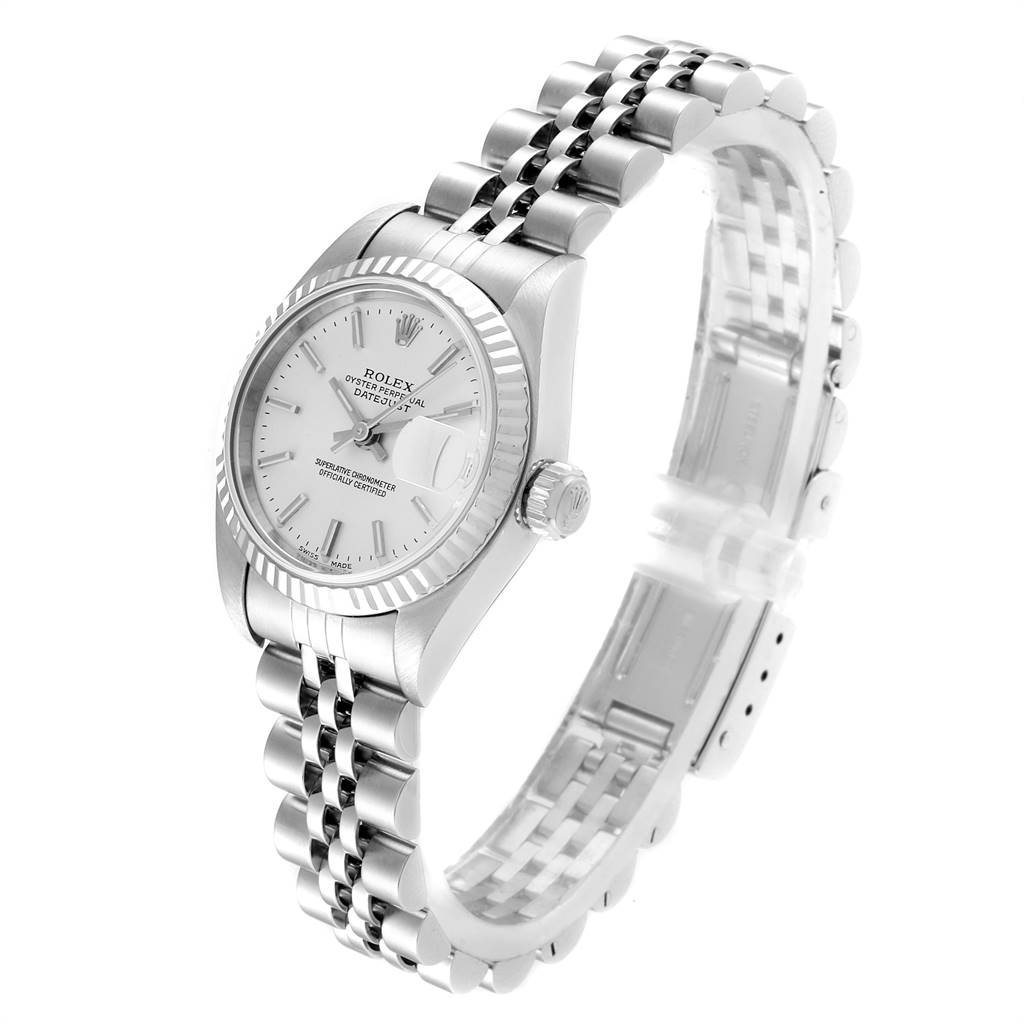 The Rolex Datejust 79174 Women
s Stainless Steel Silver Dial 79174 Women
s Stainless Steel Silver Dial watch is shown at a three-quarter angle, highlighting its face, bezel, crown, and bracelet.