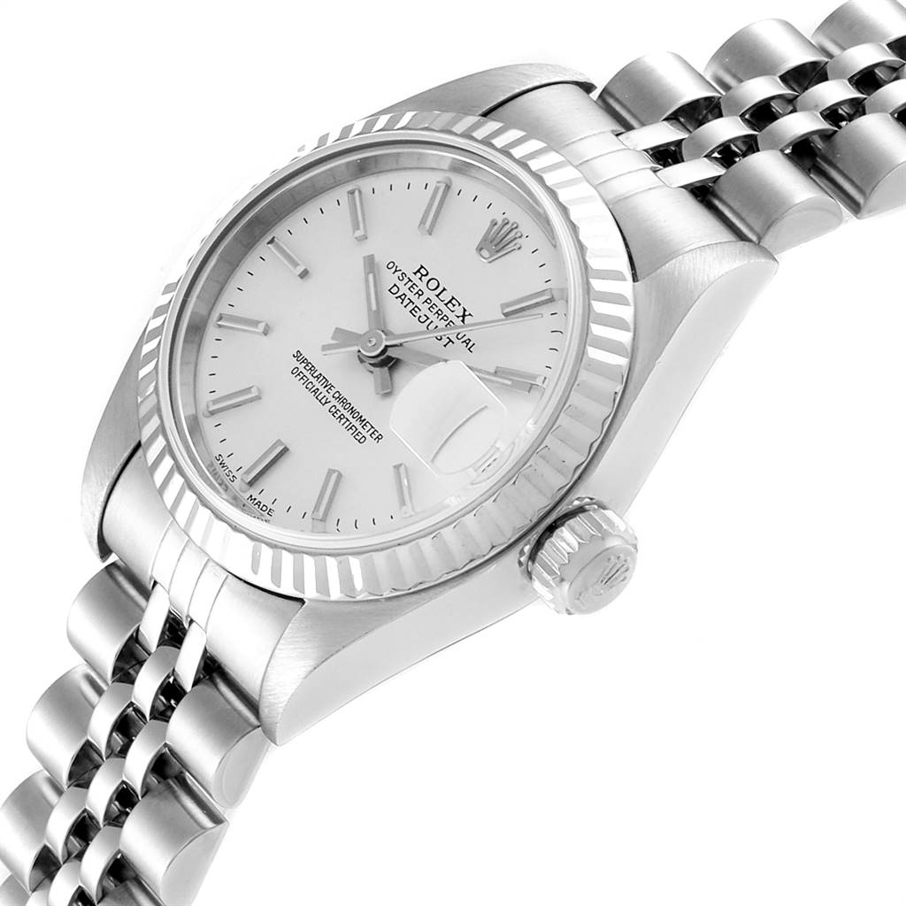 The image shows a close-up angle of the Rolex Datejust 79174 Women
s Stainless Steel Silver Dial 79174 Women
s Stainless Steel Silver Dial watch, featuring the dial, bezel, crown, and part of the bracelet.