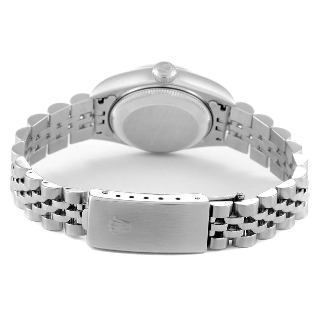 This image shows the back view of the Rolex Datejust 79174 Women
s Stainless Steel Silver Dial 79174 Women
s Stainless Steel Silver Dial watch, highlighting the closed case back and metal bracelet with a clasp.