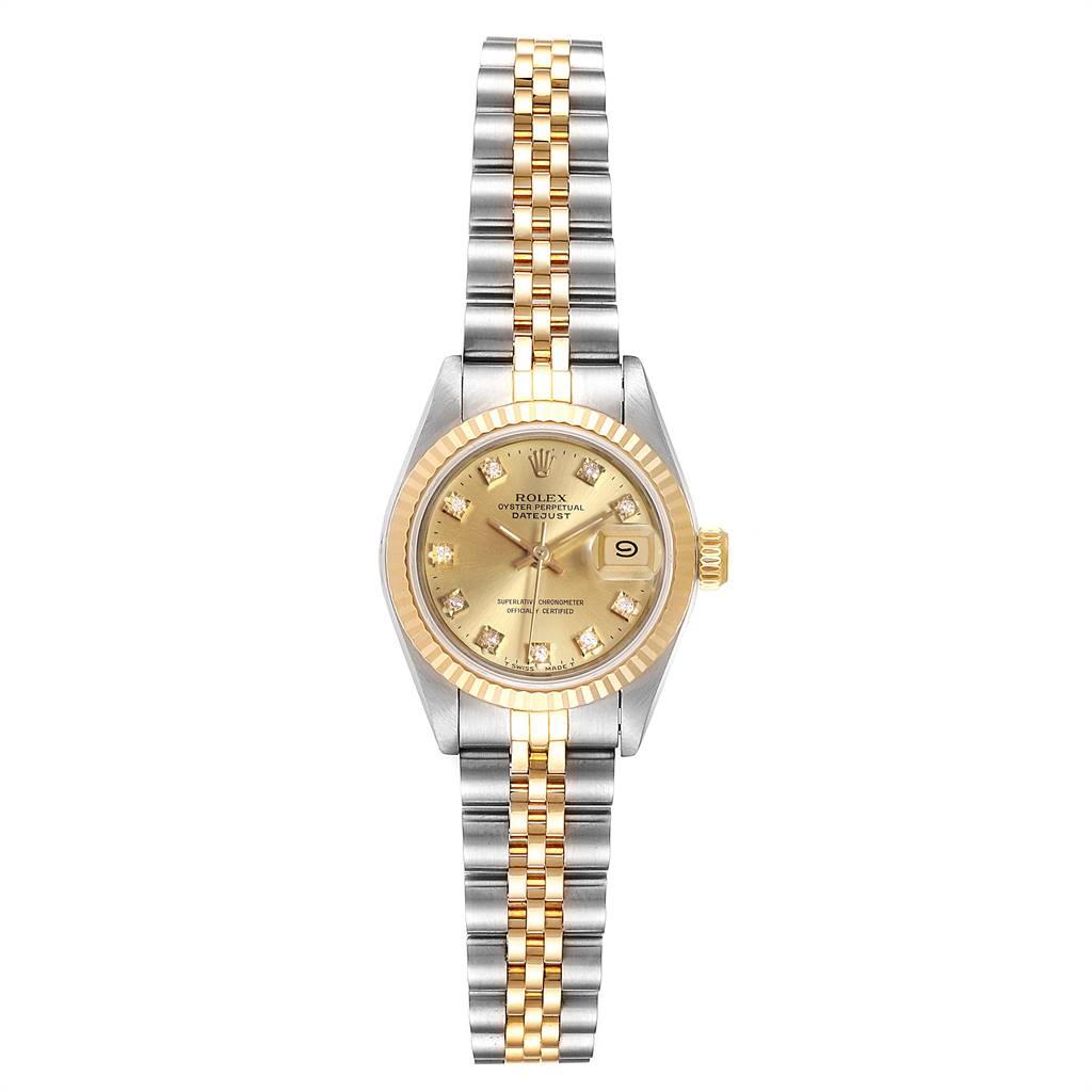 This image shows a Rolex Datejust 69173 Women's Stainless Steel Champagne Dial 69173 Women's Stainless Steel Champagne Dial watch in a straight-on angle, displaying the face, bezel, crown, and bracelet.