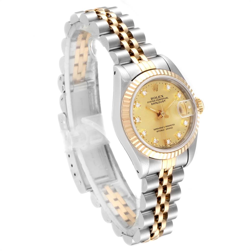 The image shows a Rolex Datejust 69173 Women's Stainless Steel Champagne Dial 69173 Women's Stainless Steel Champagne Dial watch at a three-quarter angle, highlighting its bracelet, case, dial, and fluted bezel.