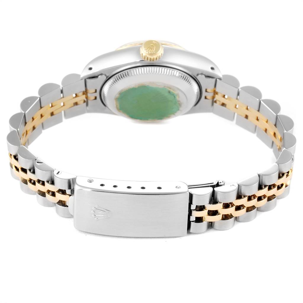 This image shows the rear angle of a Rolex Datejust 69173 Women's Stainless Steel Champagne Dial 69173 Women's Stainless Steel Champagne Dial watch, highlighting the bracelet and clasp.