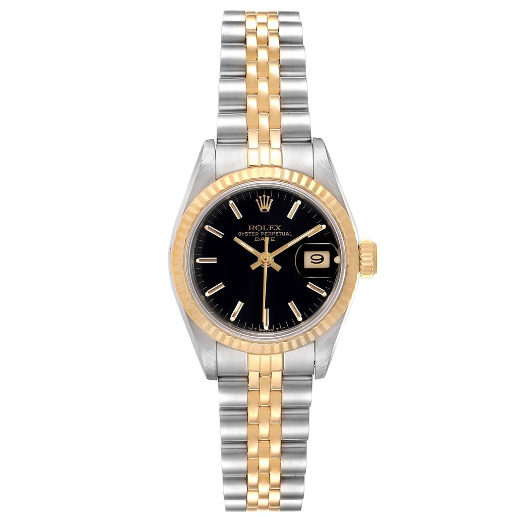 This Rolex Datejust 69173 Women
s Stainless Steel Black Dial 69173 Women
s Stainless Steel Black Dial watch is shown from the front, displaying its black dial, date window, and two-tone bracelet.