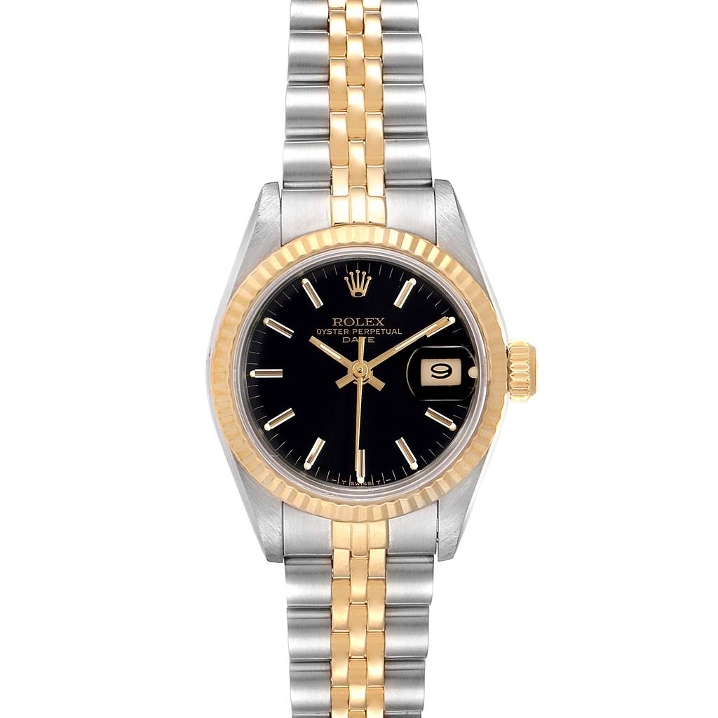 The image shows a front view of the Rolex Datejust 69173 Women
s Stainless Steel Black Dial 69173 Women
s Stainless Steel Black Dial watch, highlighting its black dial, fluted bezel, and two-tone Jubilee bracelet.