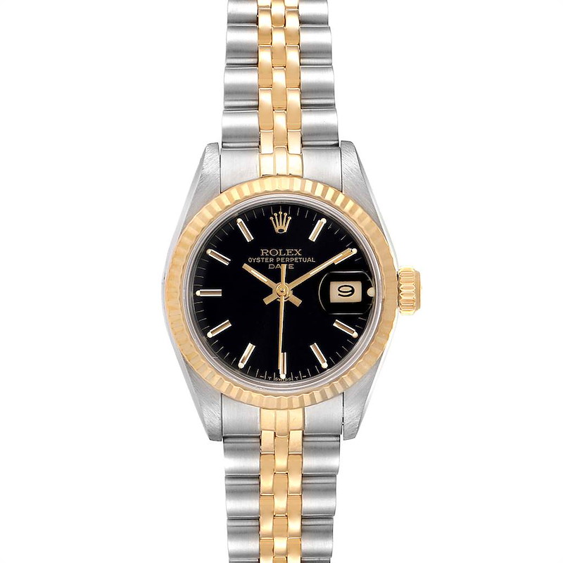 The image shows a front view of the Rolex Datejust watch, highlighting its black dial, fluted bezel, and two-tone Jubilee bracelet.