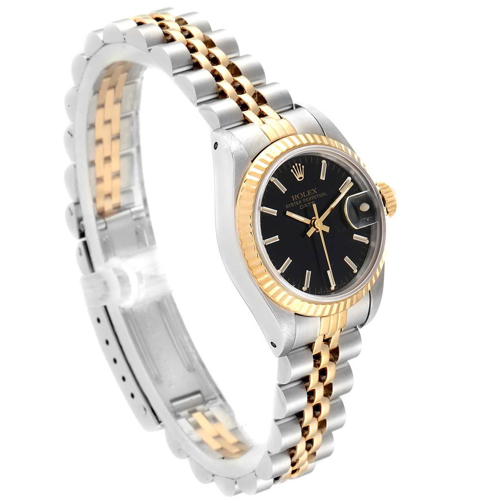 The Rolex Datejust 69173 Women
s Stainless Steel Black Dial 69173 Women
s Stainless Steel Black Dial watch is shown at a three-quarter angle, displaying the face, bezel, and two-tone bracelet.