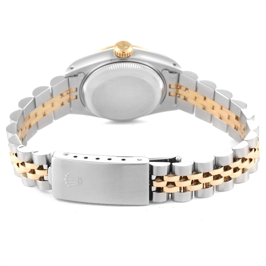 The image shows the back view of a Rolex Datejust 69173 Women
s Stainless Steel Black Dial 69173 Women
s Stainless Steel Black Dial watch, highlighting its two-tone bracelet and clasp.