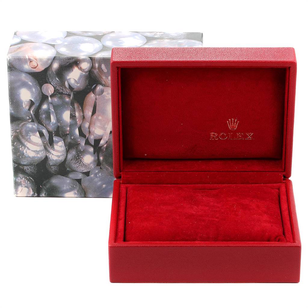 The image shows an open red Rolex Datejust 69173 Women's Stainless Steel Champagne Dial 69173 Women's Stainless Steel Champagne Dial watch box with the outer shell in the background.