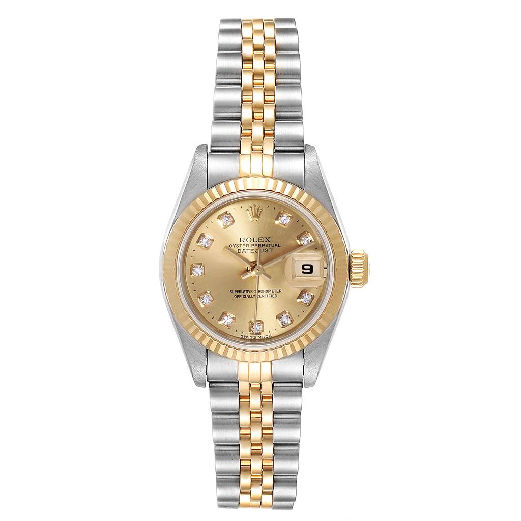This image shows a Rolex Datejust 69173 Women's Stainless Steel Champagne Dial 69173 Women's Stainless Steel Champagne Dial watch from a top-down angle, highlighting the dial, bezel, and bracelet.
