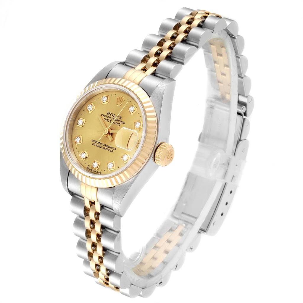 The image shows a Rolex Datejust 69173 Women's Stainless Steel Champagne Dial 69173 Women's Stainless Steel Champagne Dial watch at an angle displaying its face, bezel, crown, and bracelet.