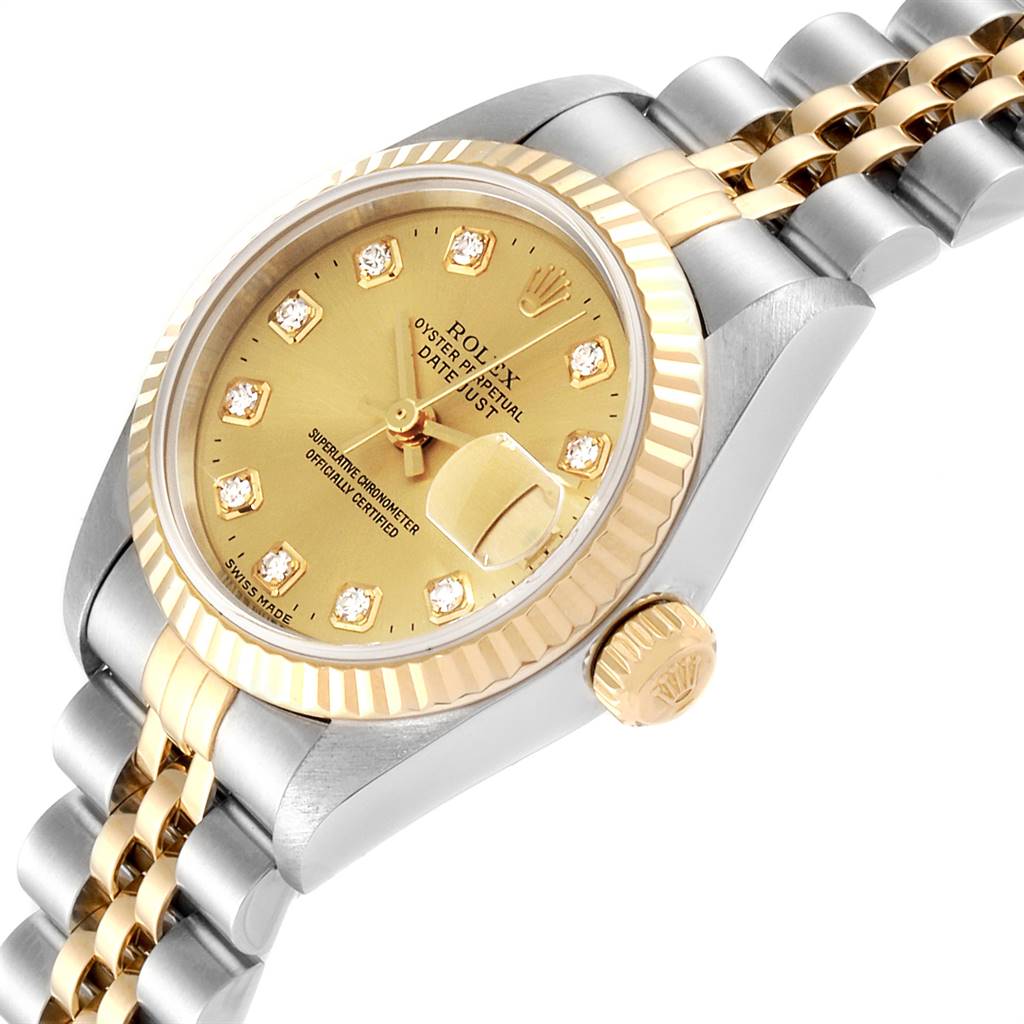 The Rolex Datejust 69173 Women's Stainless Steel Champagne Dial 69173 Women's Stainless Steel Champagne Dial watch is shown at an angle highlighting the dial, crown, bezel, and part of the bracelet.