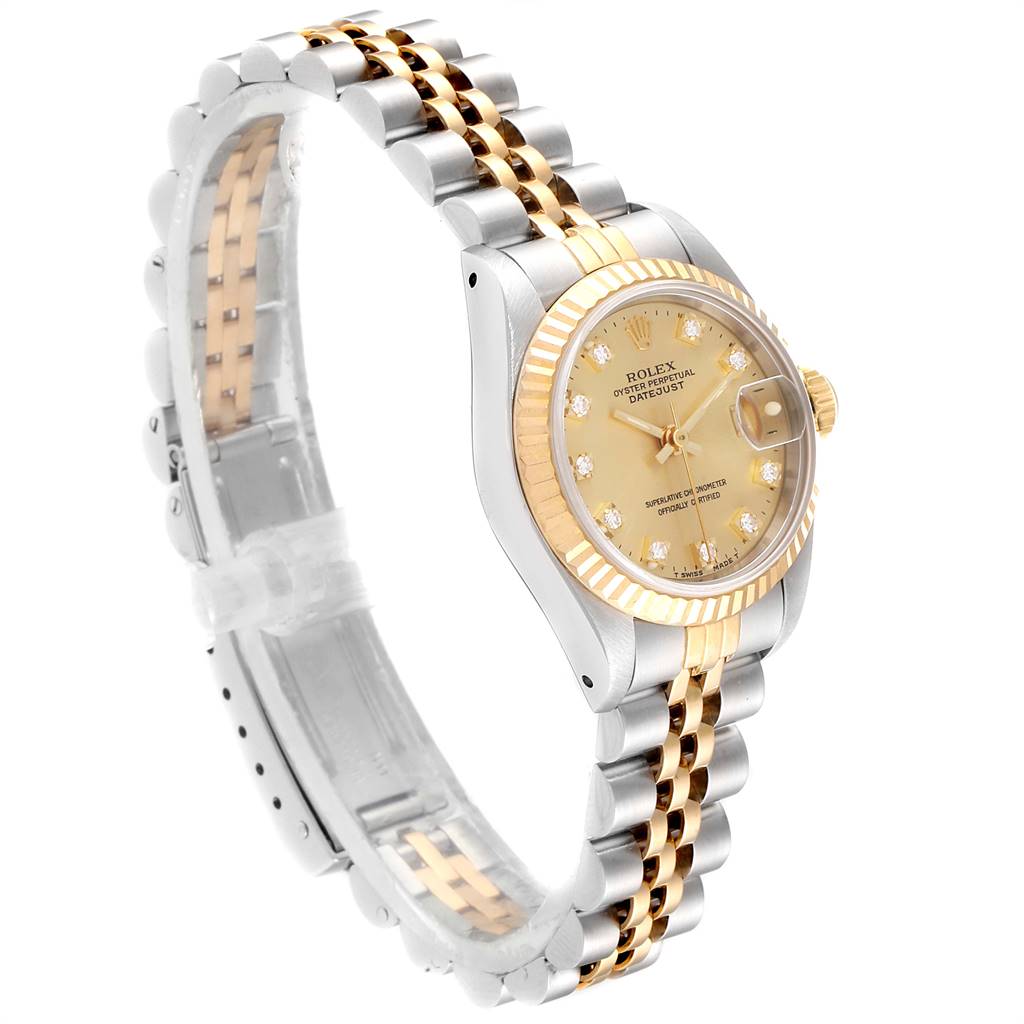 This Rolex Datejust 69173 Women's Stainless Steel Champagne Dial 69173 Women's Stainless Steel Champagne Dial watch is shown from an angled side view, highlighting the dial, bezel, and two-tone bracelet.