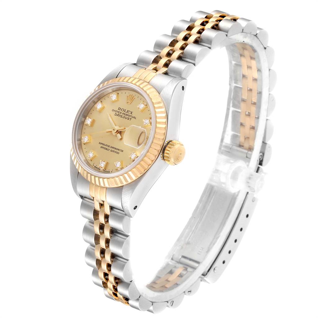 The image shows a side view of a Rolex Datejust 69173 Women's Stainless Steel Champagne Dial 69173 Women's Stainless Steel Champagne Dial watch, highlighting the two-tone bracelet, fluted bezel, and date function.