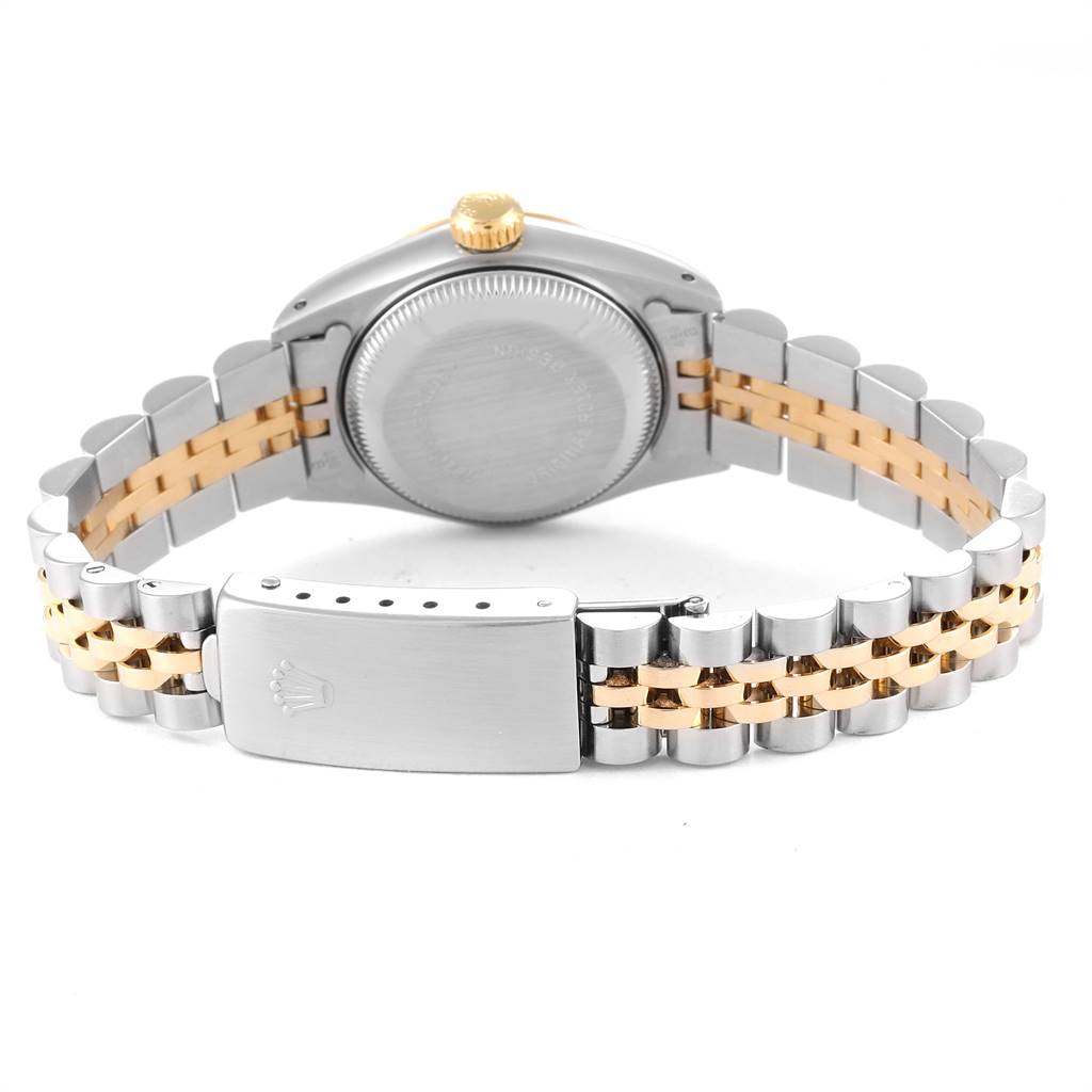 This image shows the back view of a Rolex Datejust 69173 Women's Stainless Steel Champagne Dial 69173 Women's Stainless Steel Champagne Dial watch, highlighting its metal bracelet and clasp.