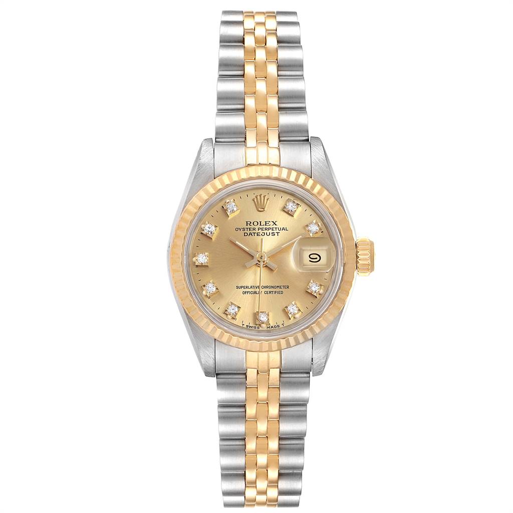 The Rolex Datejust 69173 Women's Stainless Steel Champagne Dial 69173 Women's Stainless Steel Champagne Dial watch is shown from a straight-on angle, displaying its face, bezel, crown, and bracelet.