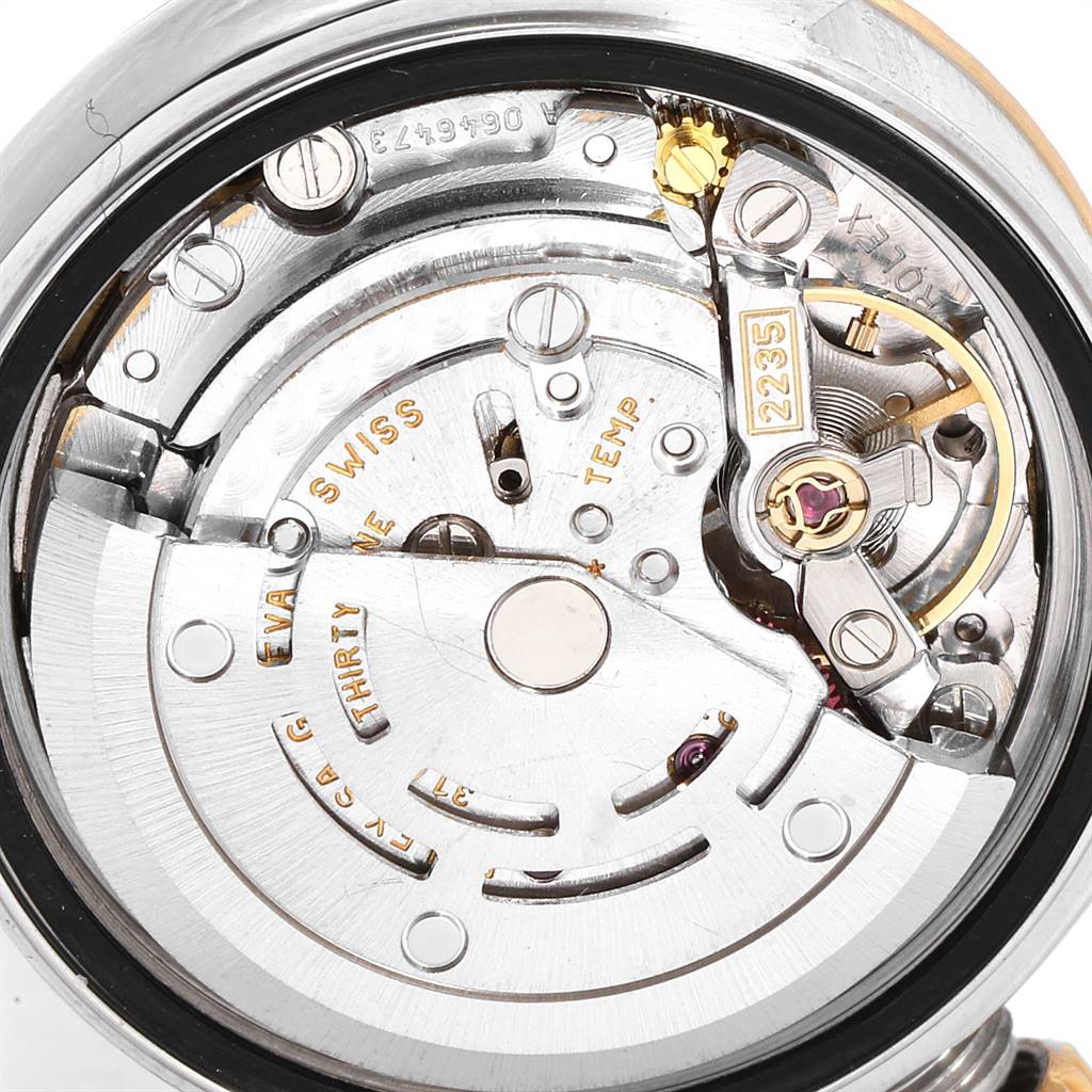 This image shows a close-up of the internal movement mechanism of a Rolex Datejust 79173 Women's Stainless Steel White Dial 79173 Women's Stainless Steel White Dial watch.