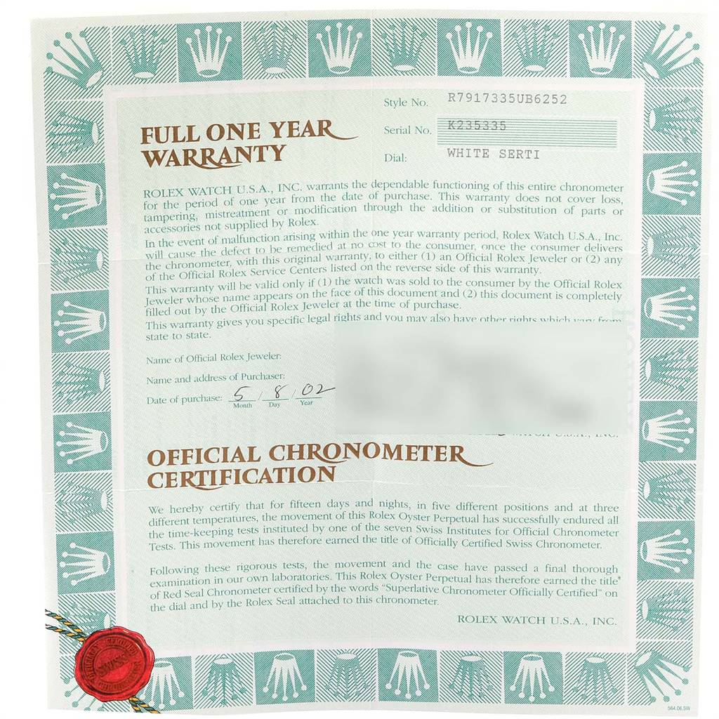 This image shows a full one-year warranty certificate and official chronometer certification for a Rolex Datejust 79173 Women's Stainless Steel White Dial 79173 Women's Stainless Steel White Dial watch.
