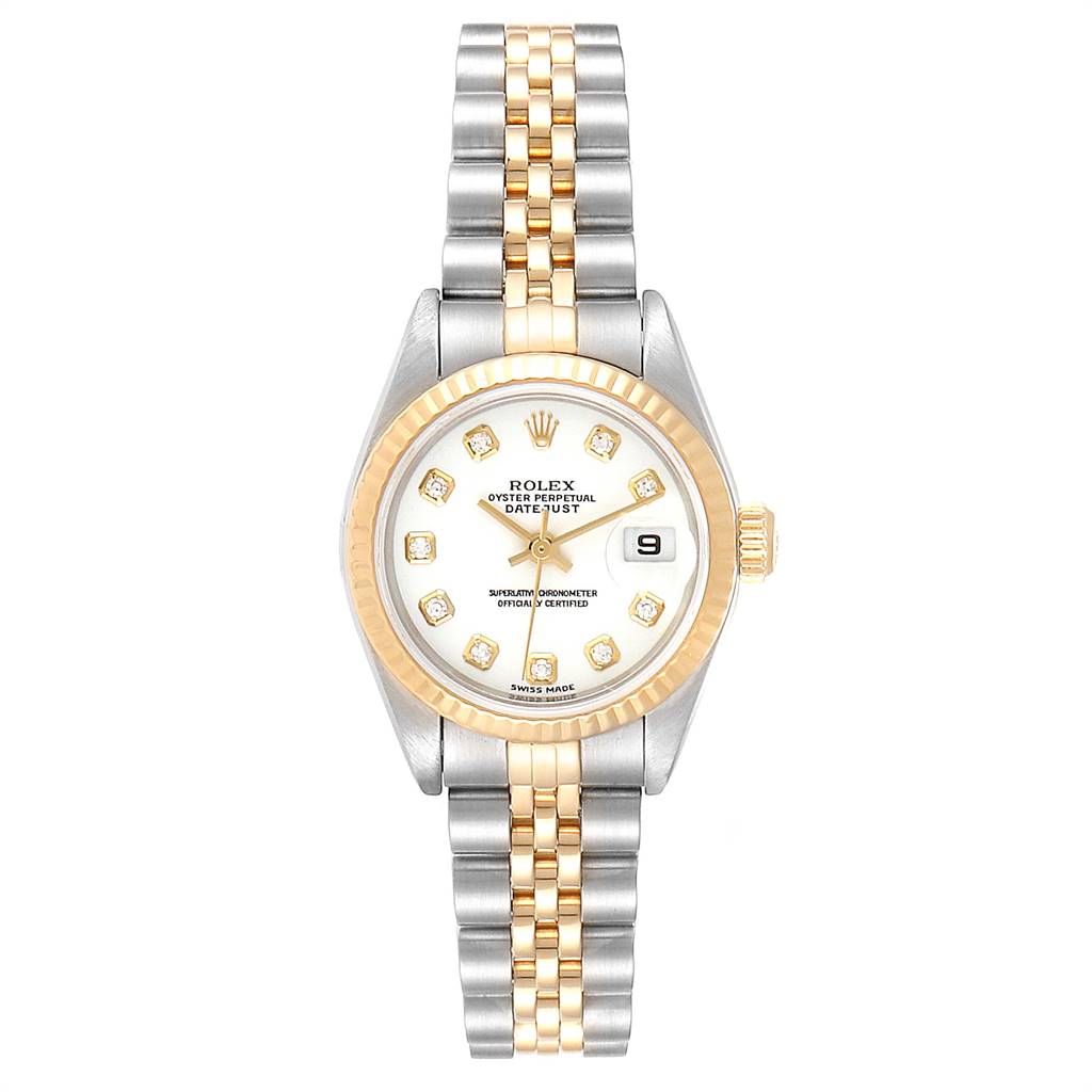 This image shows a Rolex Datejust 79173 Women's Stainless Steel White Dial 79173 Women's Stainless Steel White Dial watch from a top-down angle, highlighting the dial, case, bezel, and two-tone bracelet.
