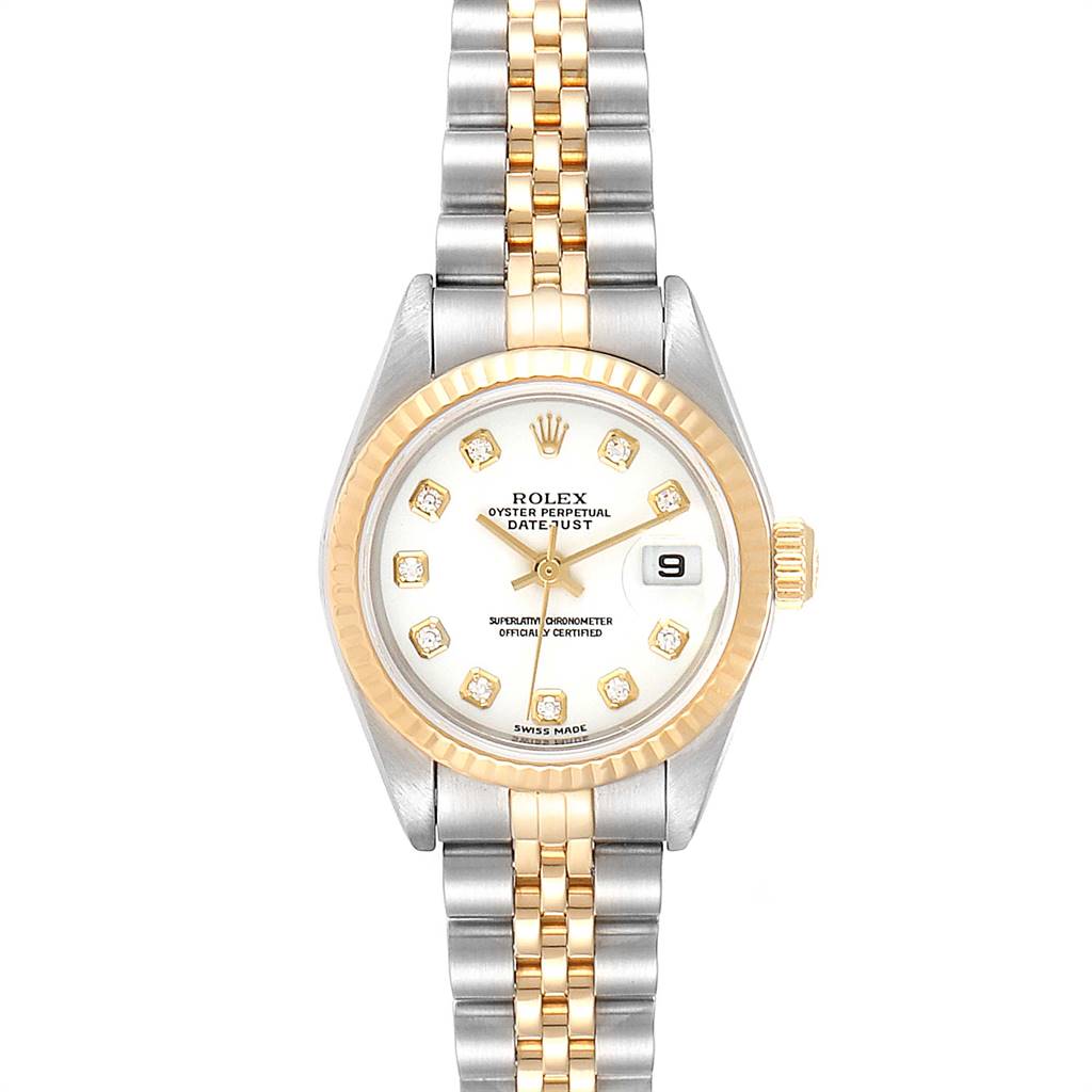 The image shows a Rolex Datejust 79173 Women's Stainless Steel White Dial 79173 Women's Stainless Steel White Dial watch with a two-tone bracelet, fluted bezel, and diamond hour markers, displayed from the front.