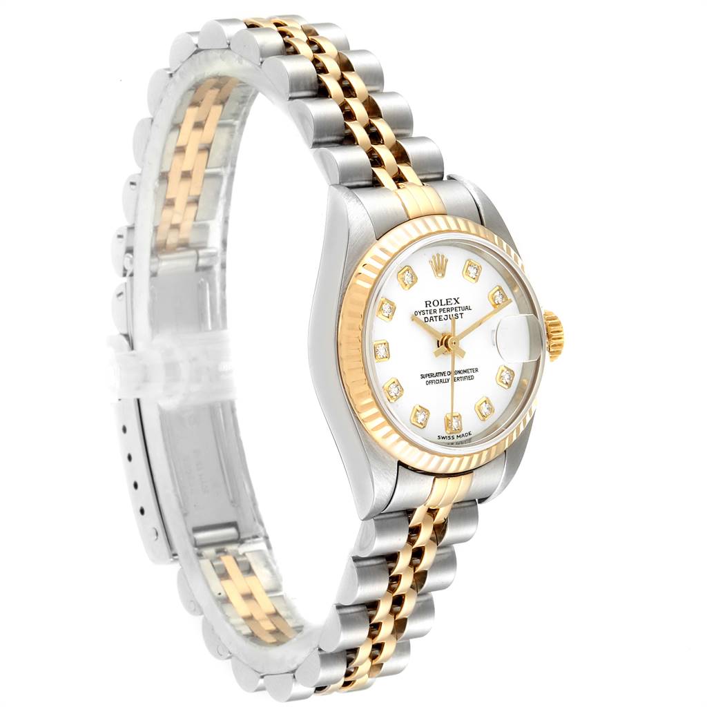 The image shows a Rolex Datejust 79173 Women's Stainless Steel White Dial 79173 Women's Stainless Steel White Dial watch angled to display its face, bracelet, and crown with a two-tone metal design.