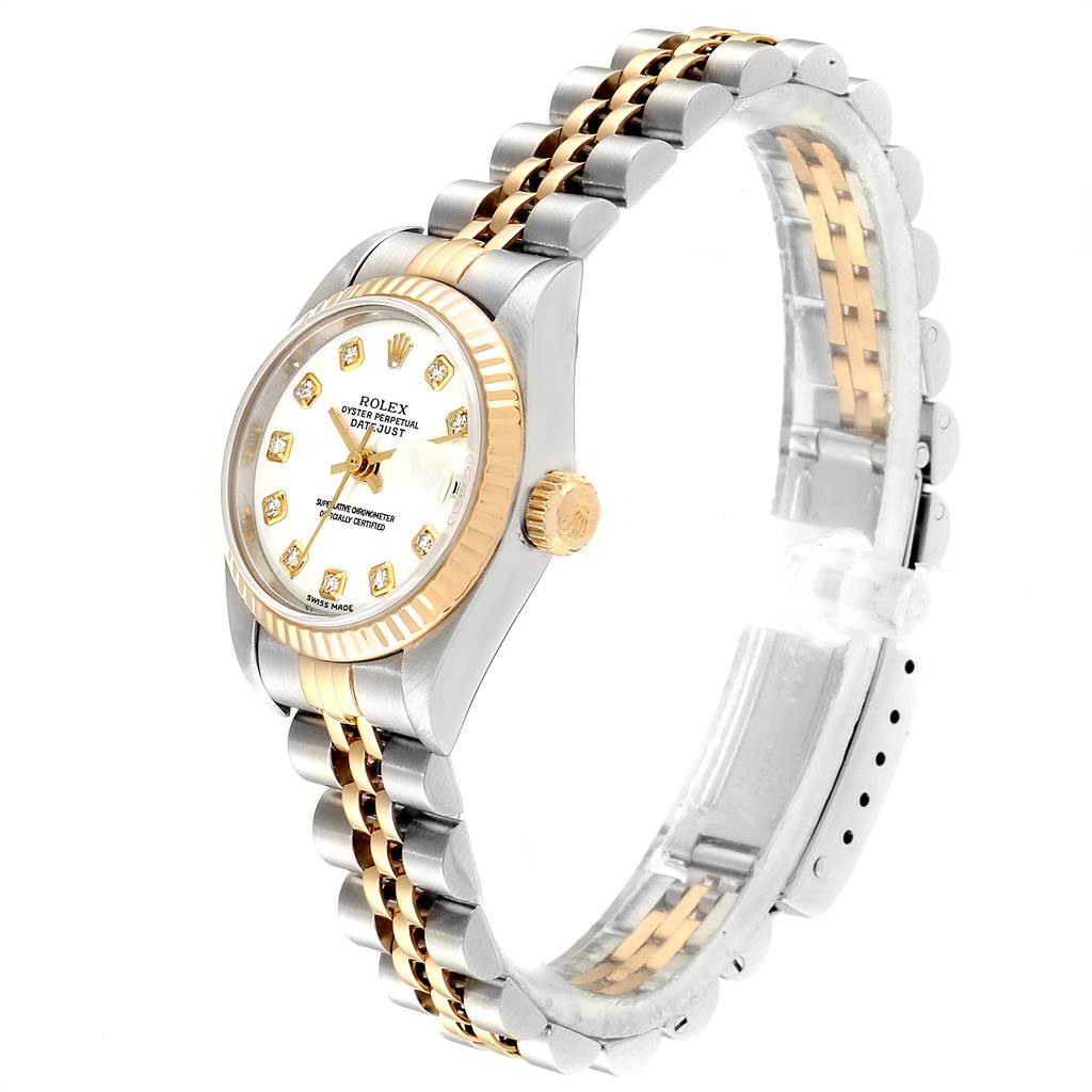 The image shows a side-angle view of a Rolex Datejust 79173 Women's Stainless Steel White Dial 79173 Women's Stainless Steel White Dial watch, highlighting its bezel, crown, dial, and bracelet.