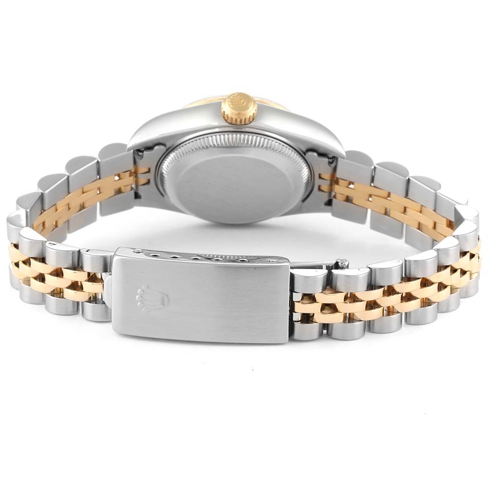 This image shows the back view of a Rolex Datejust 79173 Women's Stainless Steel White Dial 79173 Women's Stainless Steel White Dial watch, highlighting its clasp and bracelet links.