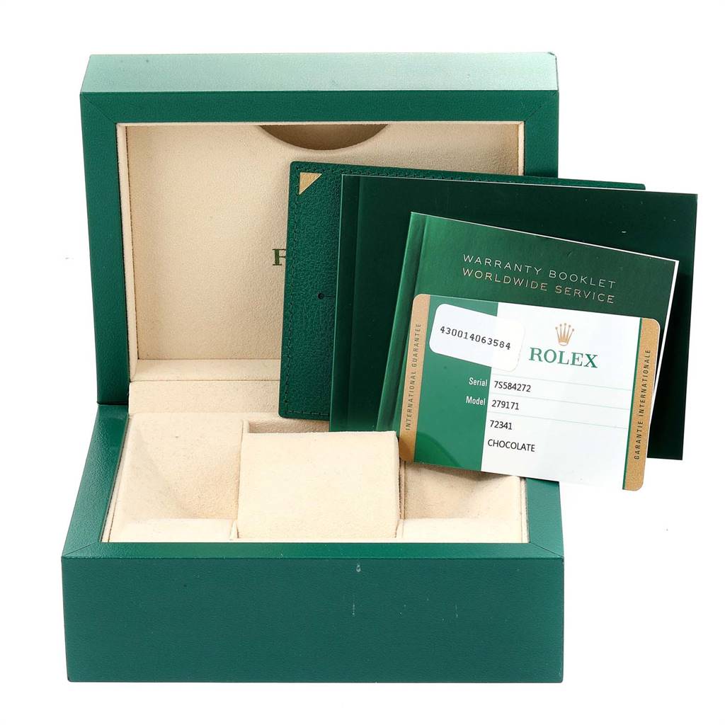 The image shows the packaging box and warranty booklet for a Rolex Datejust 279171 Women's Steel and Gold (two tone) Brown Dial 279171 Women's Steel and Gold (two tone) Brown Dial watch.