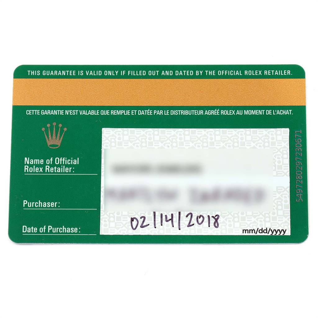 The image shows the warranty card of a Rolex Datejust 279171 Women's Steel and Gold (two tone) Brown Dial 279171 Women's Steel and Gold (two tone) Brown Dial watch.