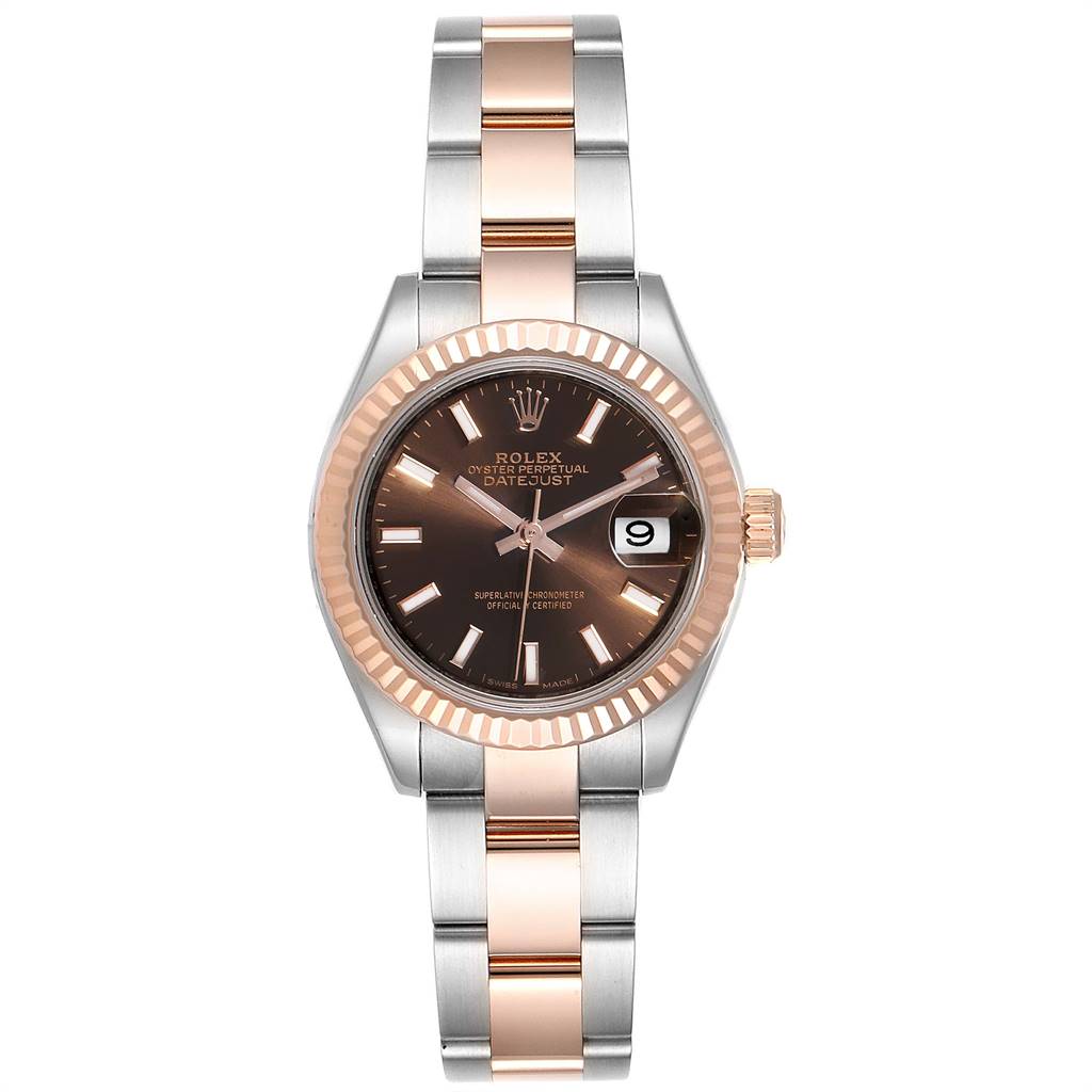 This Rolex Datejust 279171 Women's Steel and Gold (two tone) Brown Dial 279171 Women's Steel and Gold (two tone) Brown Dial watch is shown from the front, displaying its dial, bezel, and two-tone bracelet.
