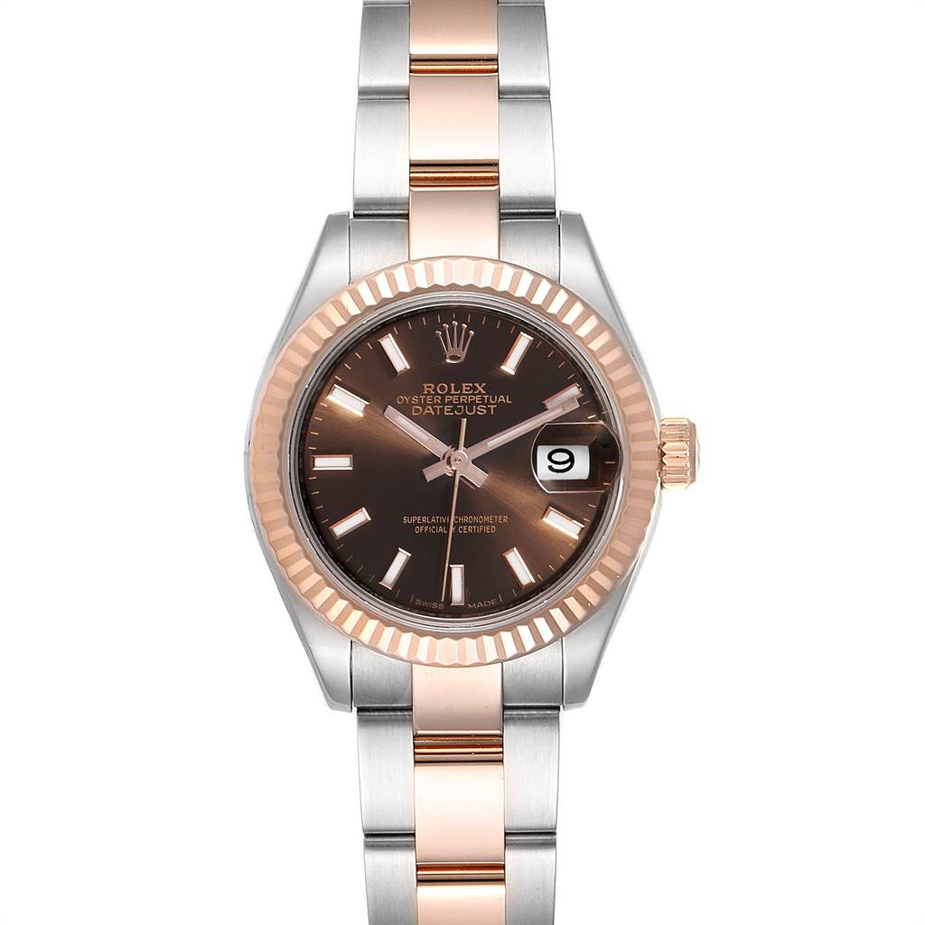 The Rolex Datejust 279171 Women's Steel and Gold (two tone) Brown Dial 279171 Women's Steel and Gold (two tone) Brown Dial watch is shown from a front angle, highlighting the dial, bezel, and bracelet.