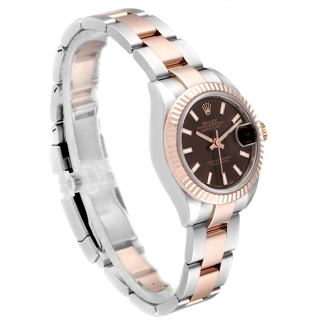 The image shows a side angle of a Rolex Datejust 279171 Women's Steel and Gold (two tone) Brown Dial 279171 Women's Steel and Gold (two tone) Brown Dial watch, highlighting its face, bezel, and bracelet.