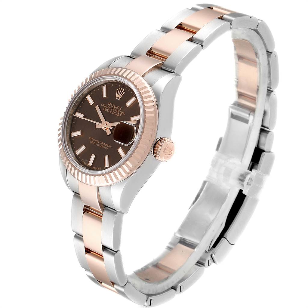 The Rolex Datejust 279171 Women's Steel and Gold (two tone) Brown Dial 279171 Women's Steel and Gold (two tone) Brown Dial watch is shown at a slight angle displaying the dial, crown, and part of the bracelet.