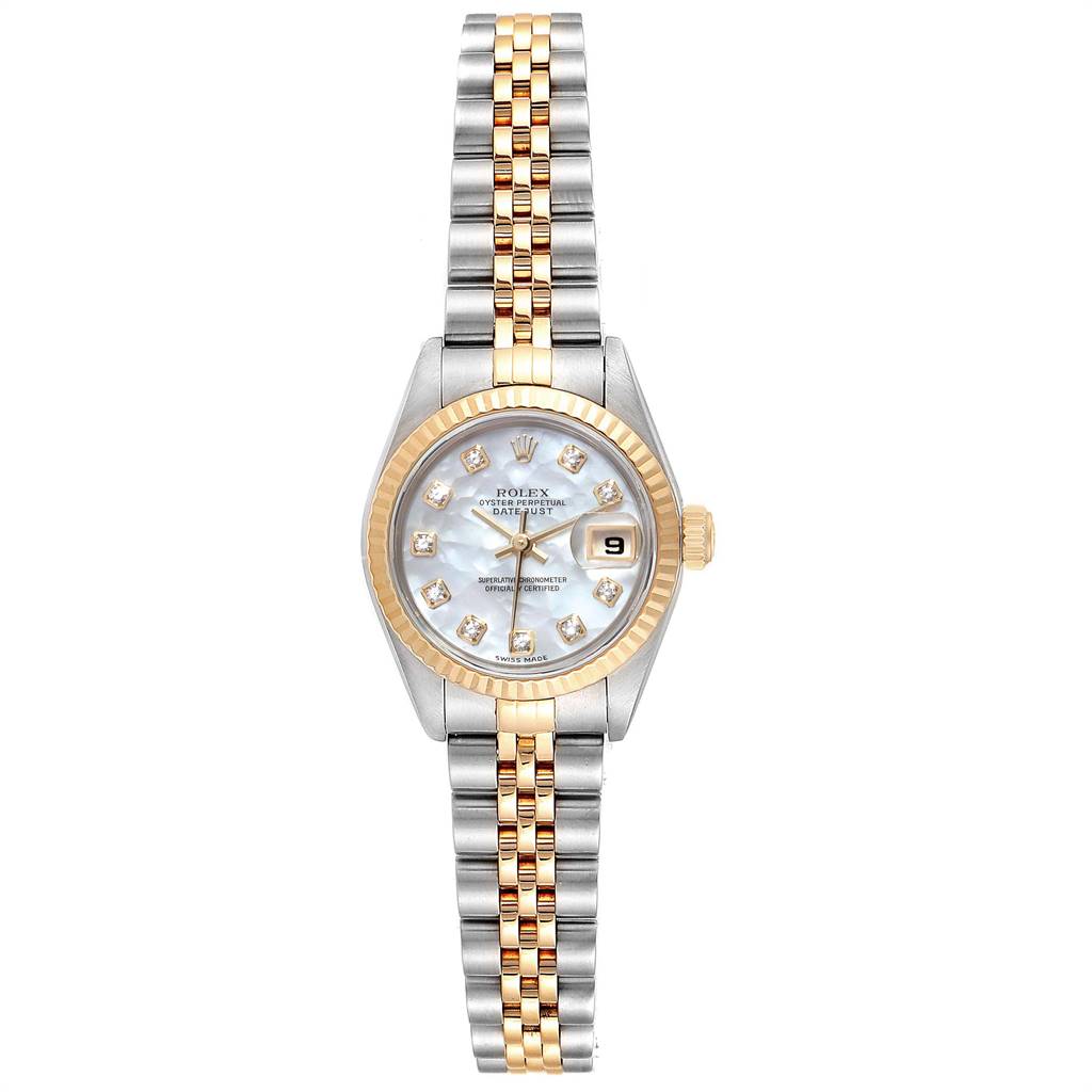 This image shows a front view of the Rolex Datejust 79173 Women's Stainless Steel Mother of Pearl Dial 79173 Women's Stainless Steel Mother of Pearl Dial watch, highlighting its two-tone bracelet, fluted bezel, and date window.
