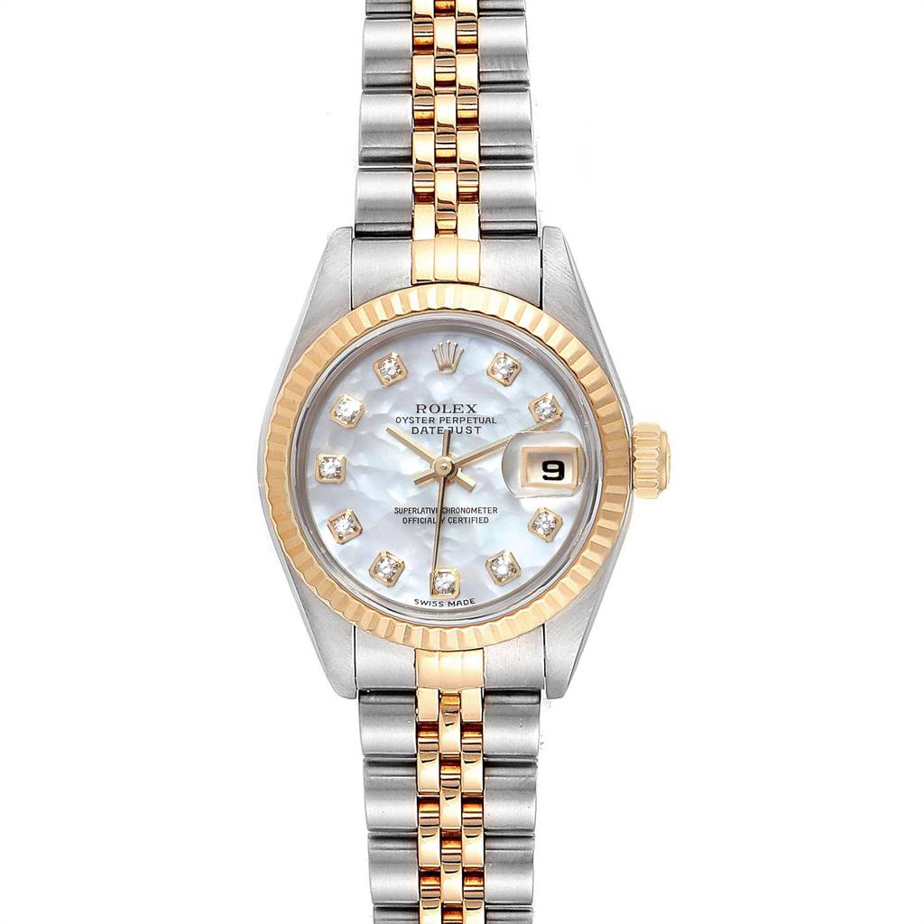 The image shows a Rolex Datejust 79173 Women's Stainless Steel Mother of Pearl Dial 79173 Women's Stainless Steel Mother of Pearl Dial watch from a front view, highlighting the dial, bezel, bracelet, and date display.