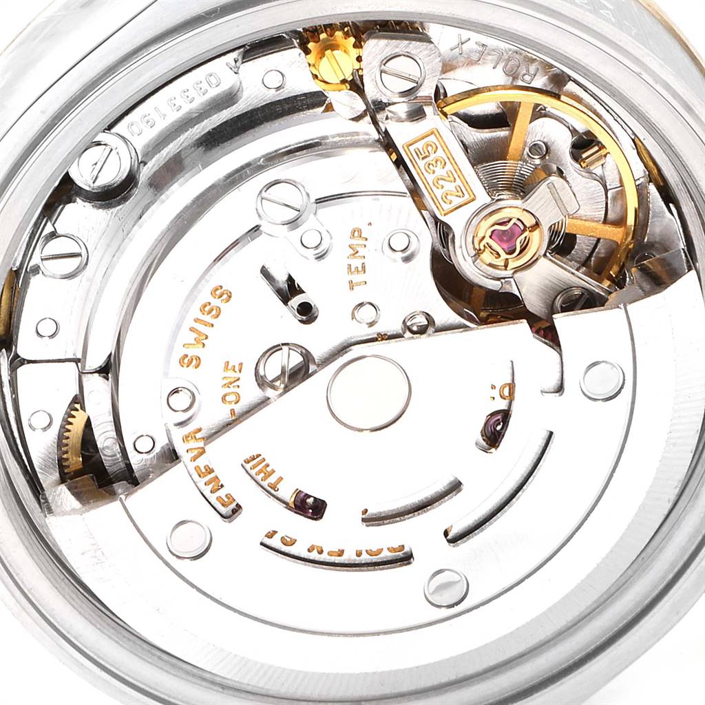 This close-up image shows the intricate movement mechanism of a Rolex Datejust 79173 Women's Stainless Steel Mother of Pearl Dial 79173 Women's Stainless Steel Mother of Pearl Dial watch from a top-down angle.