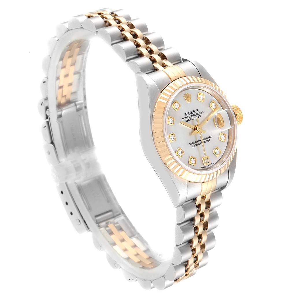 This Rolex Datejust 79173 Women's Stainless Steel Mother of Pearl Dial 79173 Women's Stainless Steel Mother of Pearl Dial watch is shown at a three-quarter angle, highlighting its two-tone bracelet and diamond-accented dial.