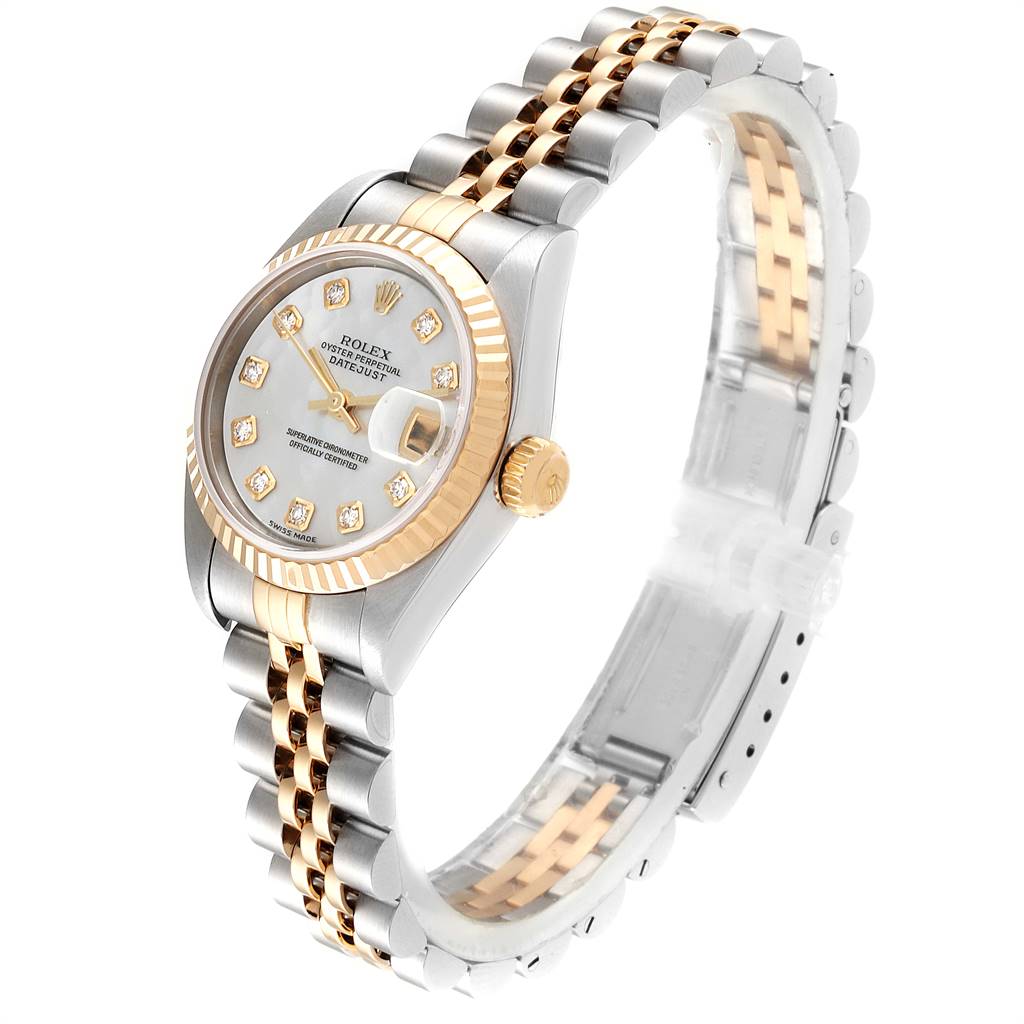 The image shows a Rolex Datejust 79173 Women's Stainless Steel Mother of Pearl Dial 79173 Women's Stainless Steel Mother of Pearl Dial watch at a slight angle, highlighting the bezel, dial, crown, and two-tone Jubilee bracelet.