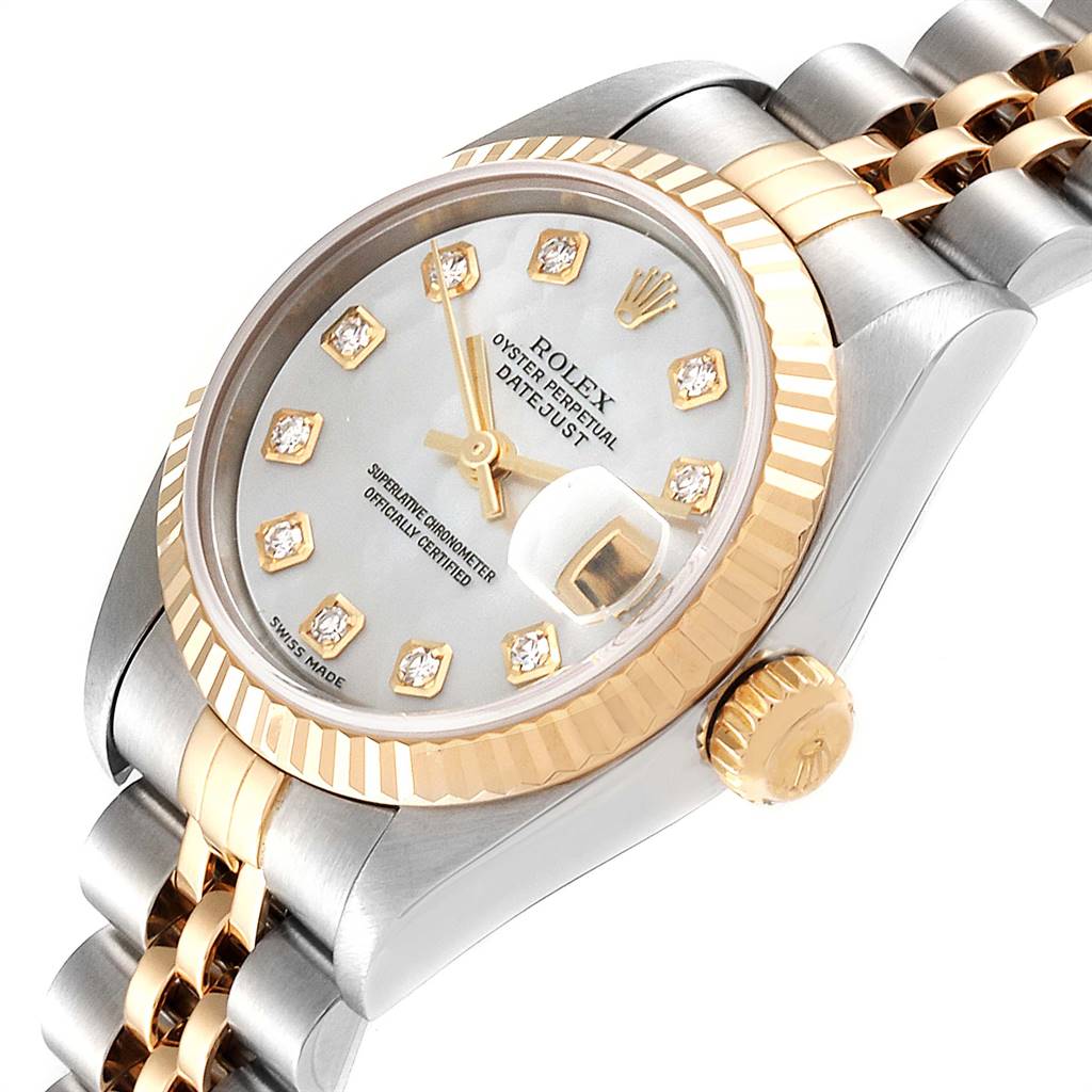 The Rolex Datejust 79173 Women's Stainless Steel Mother of Pearl Dial 79173 Women's Stainless Steel Mother of Pearl Dial watch is shown at an angled top view, highlighting the face, bezel, crown, and two-tone bracelet.