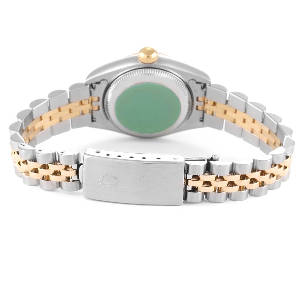 This image shows the back view of a Rolex Datejust 79173 Women's Stainless Steel Mother of Pearl Dial 79173 Women's Stainless Steel Mother of Pearl Dial watch, highlighting the bracelet and clasp.