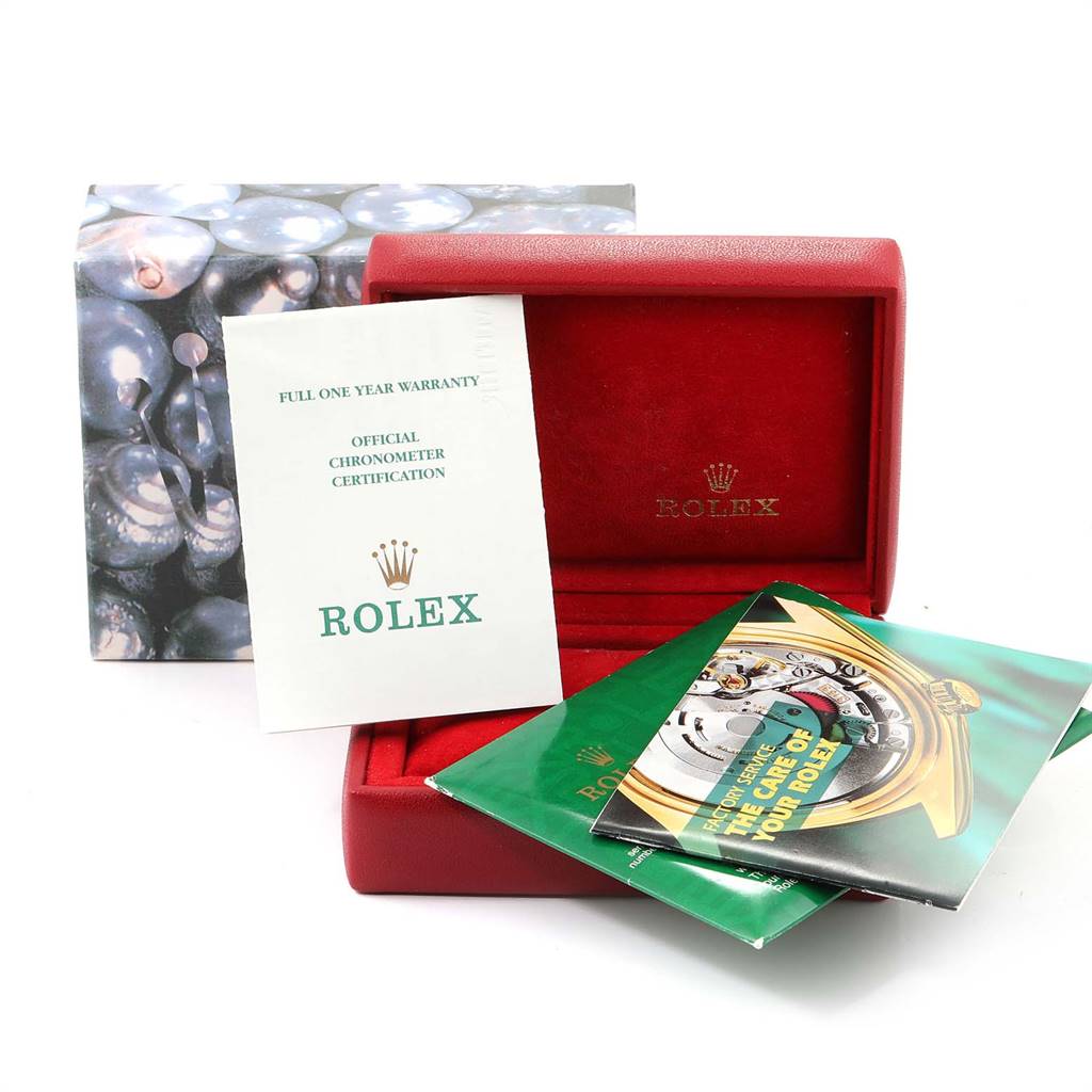 The image shows an open Rolex Datejust 79173 Women's Stainless Steel Mother of Pearl Dial 79173 Women's Stainless Steel Mother of Pearl Dial watch box with warranty and certification documents.