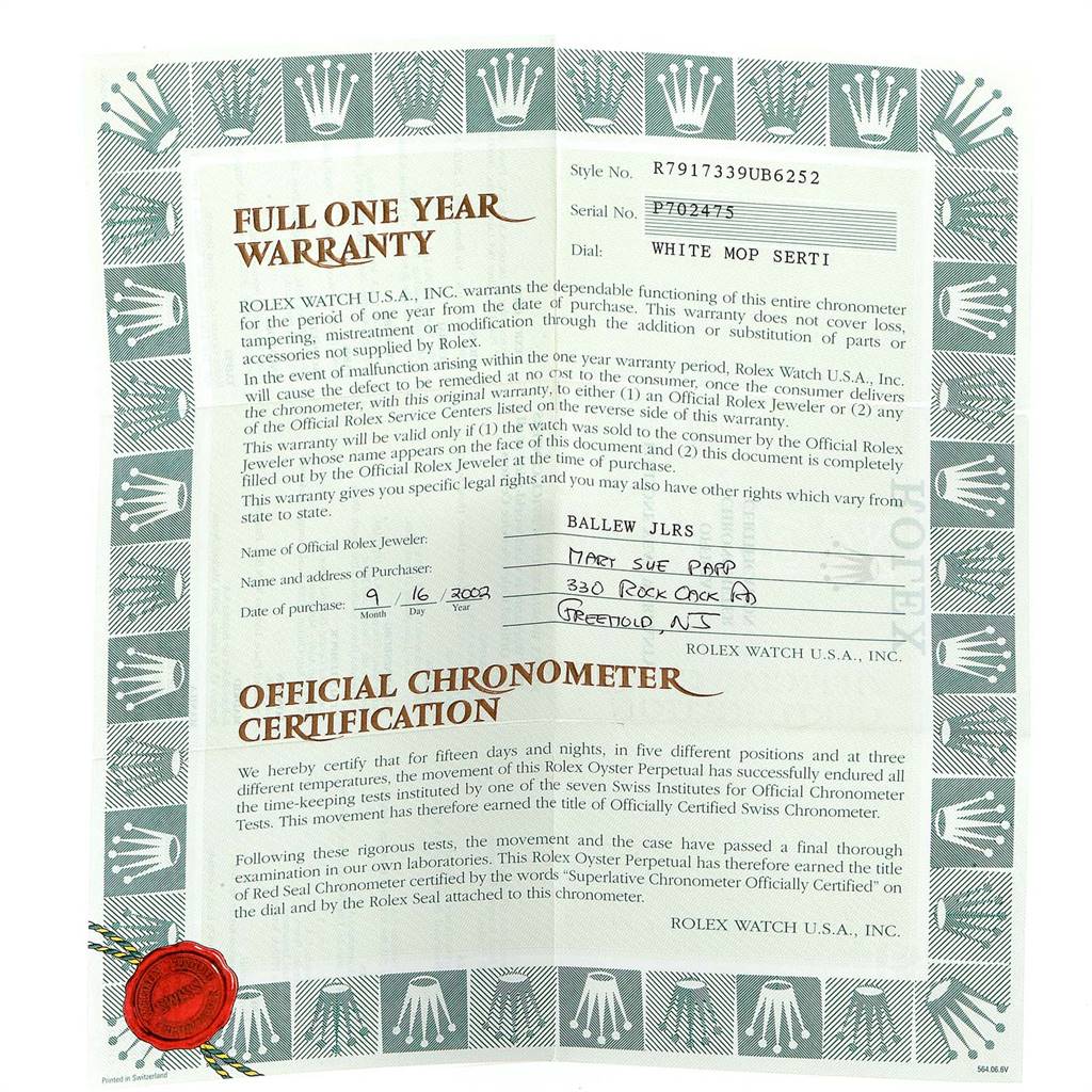 This image shows a full one-year warranty certificate and official chronometer certification for a Rolex Datejust 79173 Women's Stainless Steel Mother of Pearl Dial 79173 Women's Stainless Steel Mother of Pearl Dial watch.