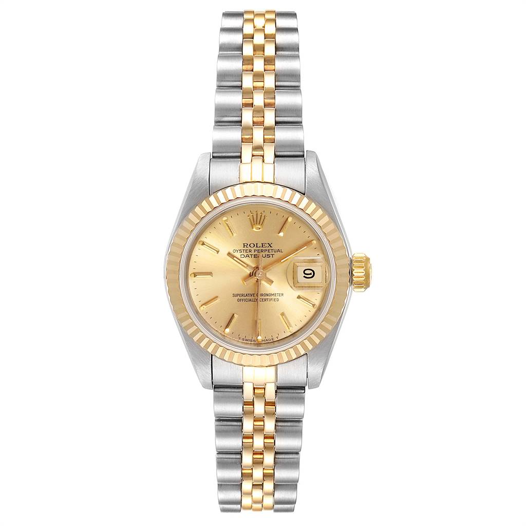 The image shows a Rolex Datejust 69173 Women's Stainless Steel Champagne Dial 69173 Women's Stainless Steel Champagne Dial watch, front view, displaying the dial, bezel, bracelet, and date window.
