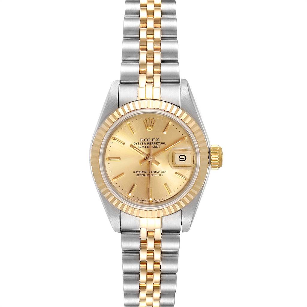 This image shows a Rolex Datejust 69173 Women's Stainless Steel Champagne Dial 69173 Women's Stainless Steel Champagne Dial watch from the front, featuring a gold dial, date window, and a two-tone metal bracelet.